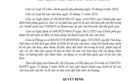 Quyết định số 3158/QĐ-UBND ngày 06/7/2026 của UBND tỉnh An Giang về việc Về việc phê duyệt Danh mục kiểm kê di sản văn hóa phi vật thể và di sản tư liệu trên địa bàn tỉnh An Giang (giai đoạn 1, năm 2026)