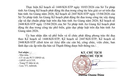 Công văn số 318/UBND-VP ngày 22/4/2026 của UBND xã Thạnh Đông về việc phổ biến các kế hoạch phát động thi đua của Sở Tư pháp tỉnh An Giang năm 2026