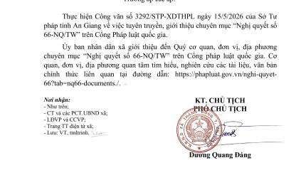 Công văn số 470/UBND-VP ngày 01/6/2026 của UBND xã Thạnh Đông về việc tuyên truyền, giới thiệu chuyên mục "Nghị quyết số 66-NQ/TW" trên Cổng Pháp luật quốc gia