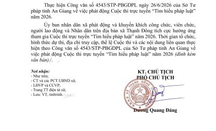 Công số 615/UBND-VP ngày 02/7/2026 của Văn phòng HĐND và UBND xã Thạnh Đông về việc phát động Cuộc thi trực tuyến “Tìm hiểu pháp luật” năm 2026