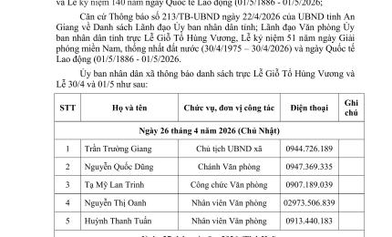 Thông báo số 62/TB-UBND ngày 24/4/2026 của UBND xã Thạnh Đông về Danh sách Lãnh đạo HĐND-UBND xã; Lãnh đạo và Công chức Văn phòng HĐND và UBND xã trực Lễ Giỗ Tổ Hùng Vương, Lễ 30/4 và 01/5