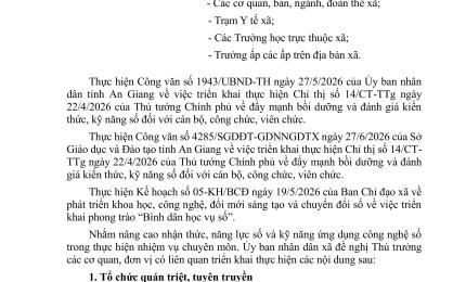 Công số 636/UBND-VHXH ngày 13/7/2026 của UBND xã Thạnh Đông về việc  triển khai thực hiện Chỉ thị số 14/CT-TTg ngày 22/4/2026 của Thủ tướng Chính phủ về đẩy mạnh bồi dưỡng và đánh giá kiến thức, kỹ năng số đối với cán bộ, công chức, viên chức